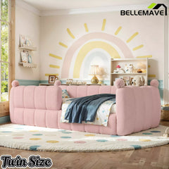 Bellemave® Teddy Fleece Upholstered Montessori Floor Bed with Fence,Low Profile Kids Bed Frame with Full Padded Safety Guardrails for Kids - Bellemave