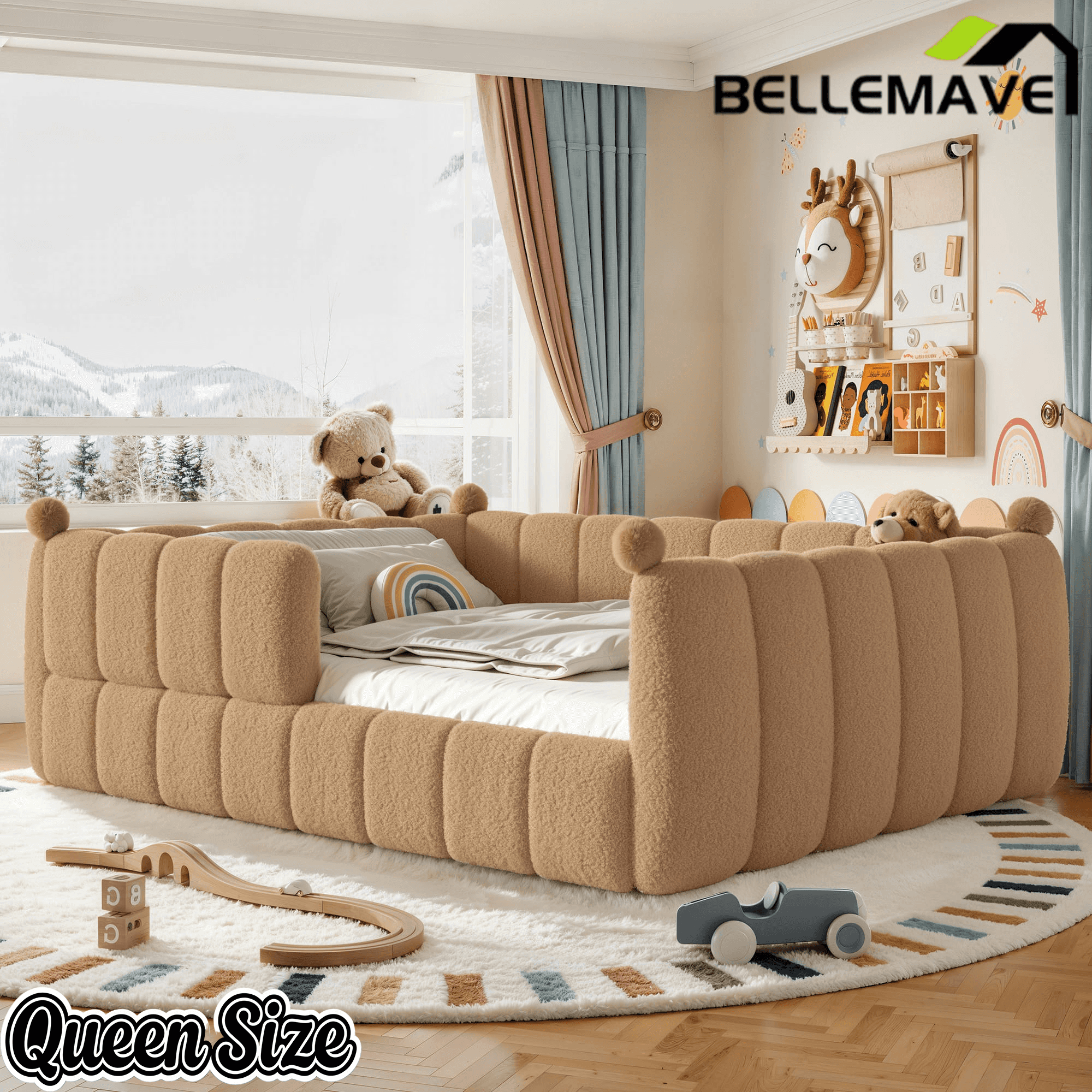 Bellemave® Teddy Fleece Upholstered Montessori Floor Bed with Fence,Low Profile Kids Bed Frame with Full Padded Safety Guardrails for Kids - Bellemave