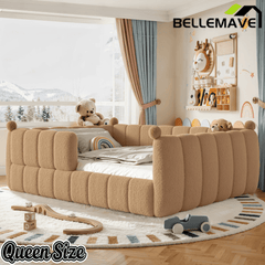 Bellemave® Teddy Fleece Upholstered Montessori Floor Bed with Fence,Low Profile Kids Bed Frame with Full Padded Safety Guardrails for Kids - Bellemave