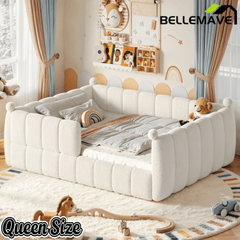 Bellemave® Teddy Fleece Upholstered Montessori Floor Bed with Fence,Low Profile Kids Bed Frame with Full Padded Safety Guardrails for Kids - Bellemave