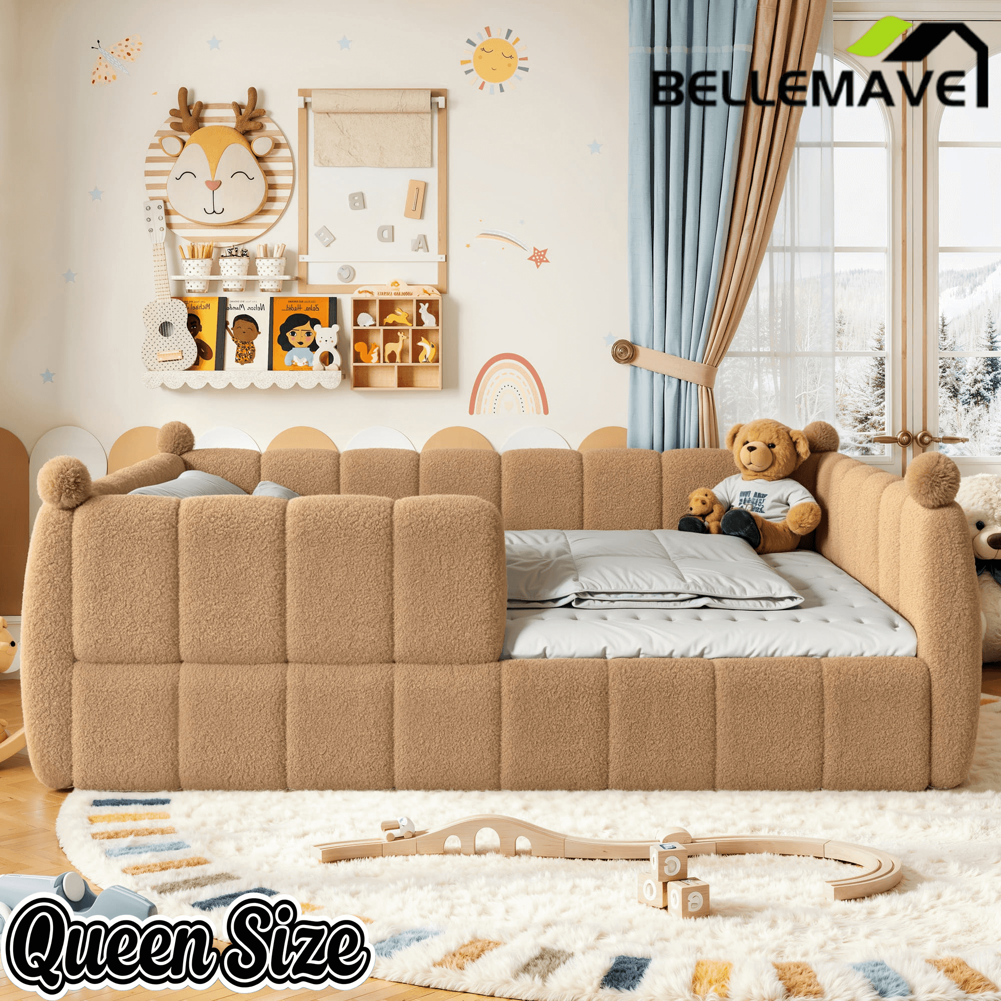 Bellemave® Teddy Fleece Upholstered Montessori Floor Bed with Fence,Low Profile Kids Bed Frame with Full Padded Safety Guardrails for Kids - Bellemave