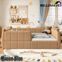 Bellemave® Teddy Fleece Upholstered Montessori Floor Bed with Fence,Low Profile Kids Bed Frame with Full Padded Safety Guardrails for Kids - Bellemave