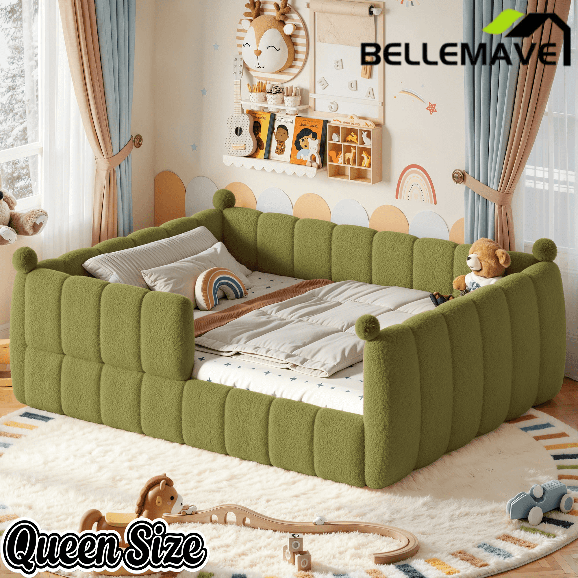 Bellemave® Teddy Fleece Upholstered Montessori Floor Bed with Fence,Low Profile Kids Bed Frame with Full Padded Safety Guardrails for Kids - Bellemave