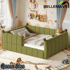 Bellemave® Teddy Fleece Upholstered Montessori Floor Bed with Fence,Low Profile Kids Bed Frame with Full Padded Safety Guardrails for Kids - Bellemave