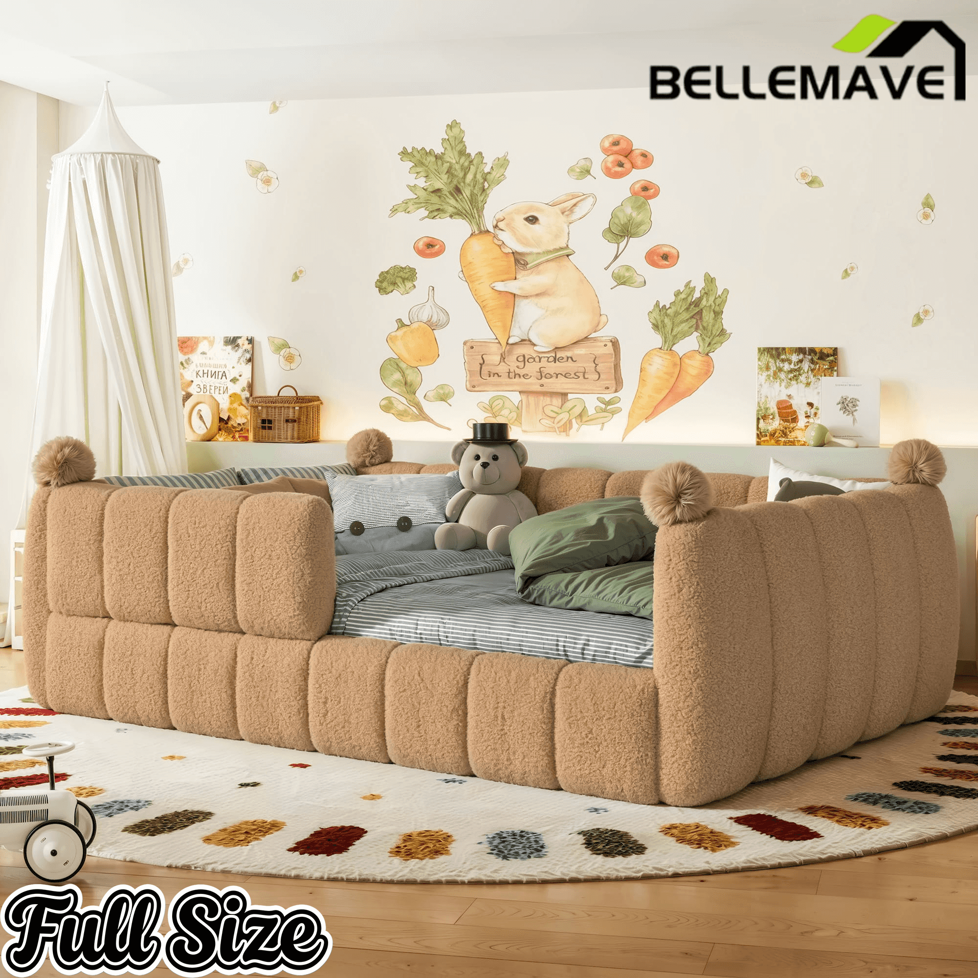 Bellemave® Teddy Fleece Upholstered Montessori Floor Bed with Fence,Low Profile Kids Bed Frame with Full Padded Safety Guardrails for Kids - Bellemave