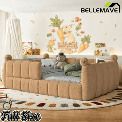 Bellemave® Teddy Fleece Upholstered Montessori Floor Bed with Fence,Low Profile Kids Bed Frame with Full Padded Safety Guardrails for Kids - Bellemave