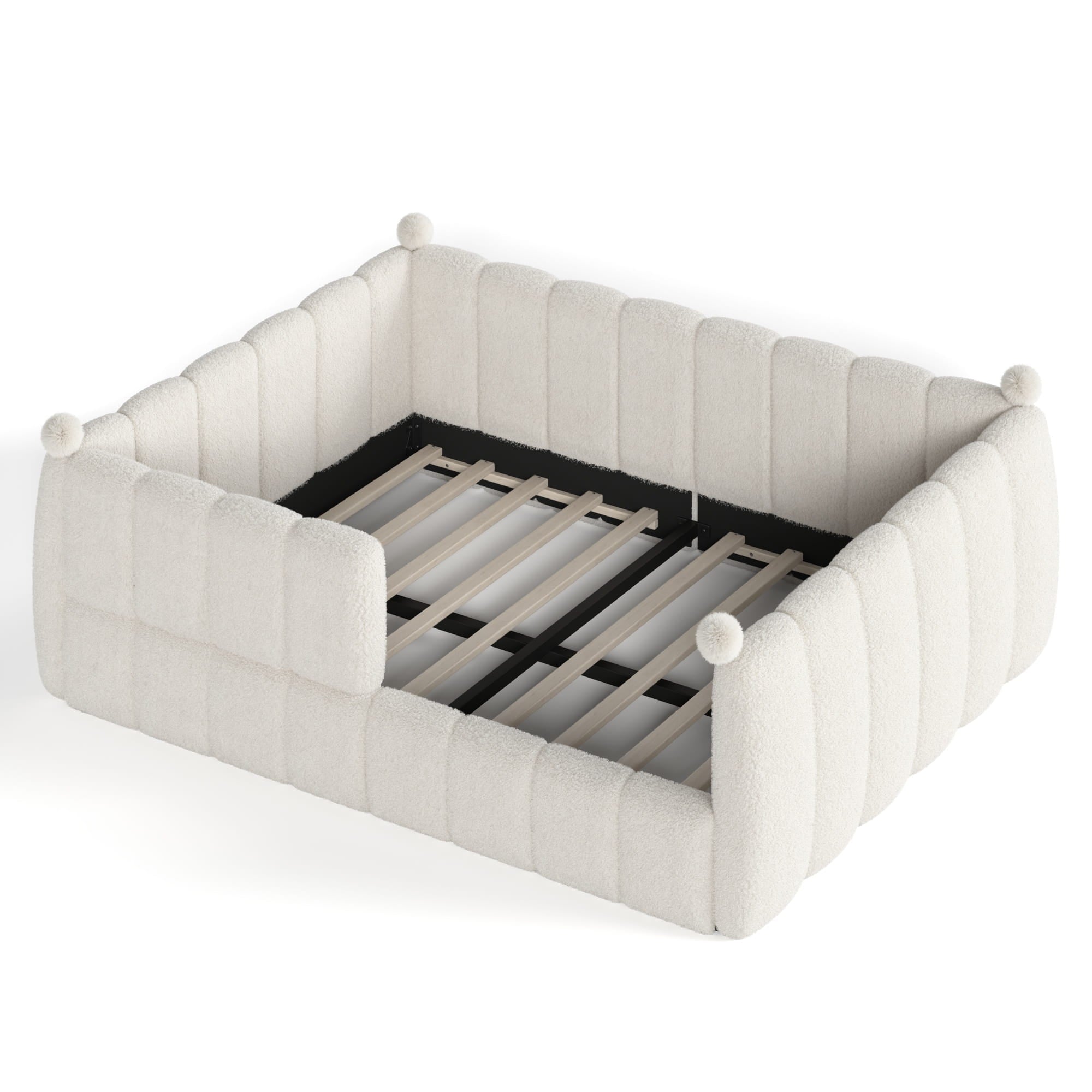 Bellemave® Teddy Fleece Upholstered Montessori Floor Bed with Fence,Low Profile Kids Bed Frame with Full Padded Safety Guardrails for Kids - Bellemave