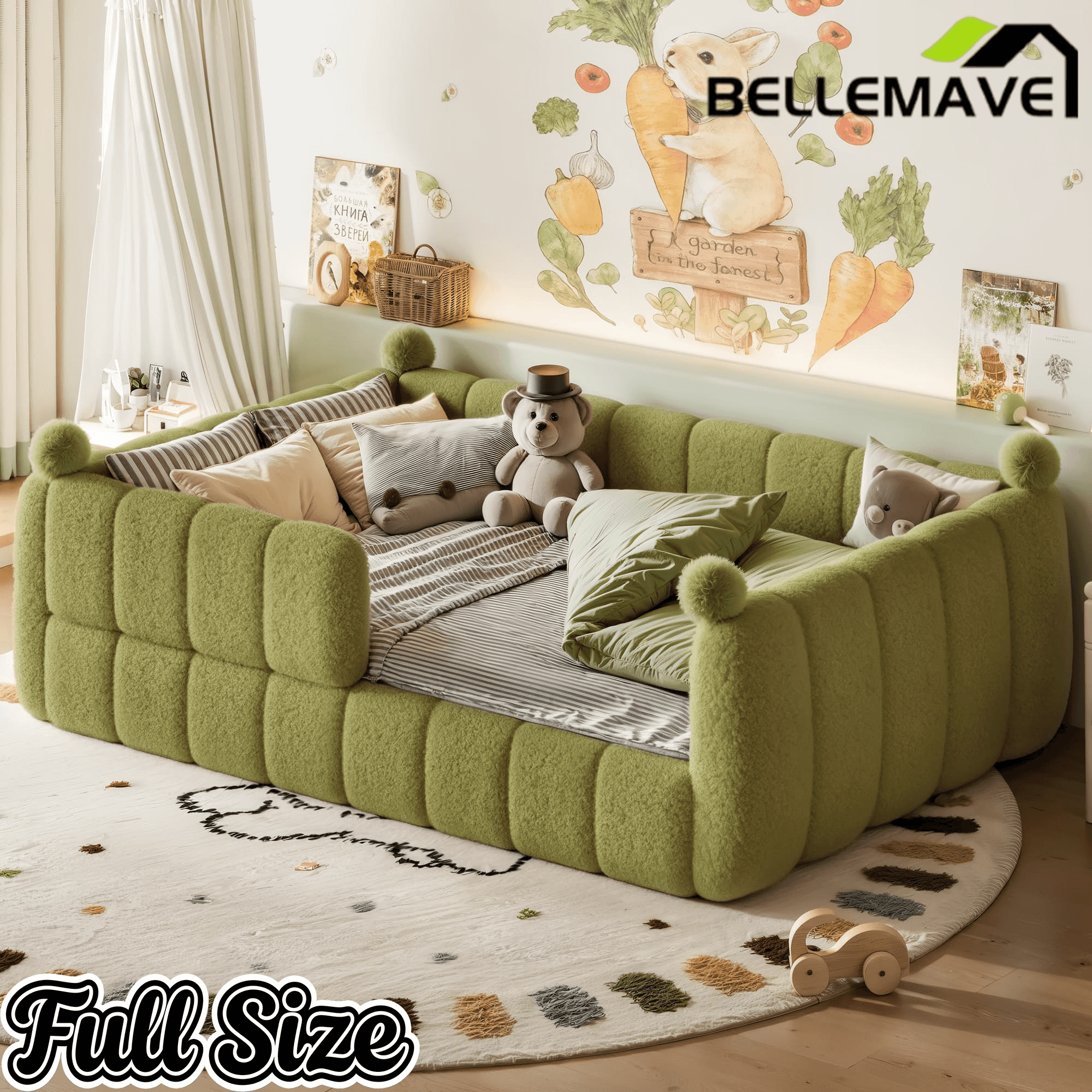 Bellemave® Teddy Fleece Upholstered Montessori Floor Bed with Fence,Low Profile Kids Bed Frame with Full Padded Safety Guardrails for Kids - Bellemave