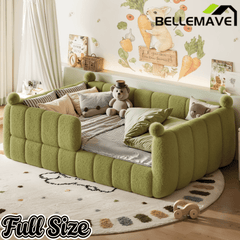 Bellemave® Teddy Fleece Upholstered Montessori Floor Bed with Fence,Low Profile Kids Bed Frame with Full Padded Safety Guardrails for Kids - Bellemave