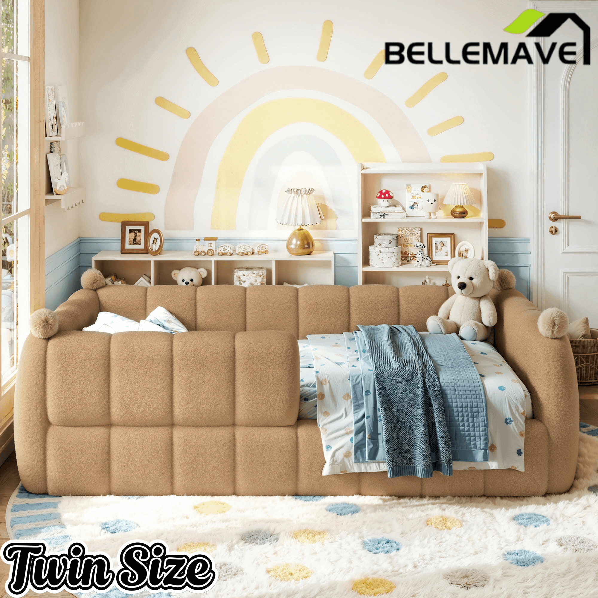 Bellemave® Teddy Fleece Upholstered Montessori Floor Bed with Fence,Low Profile Kids Bed Frame with Full Padded Safety Guardrails for Kids - Bellemave