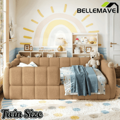 Bellemave® Teddy Fleece Upholstered Montessori Floor Bed with Fence,Low Profile Kids Bed Frame with Full Padded Safety Guardrails for Kids - Bellemave