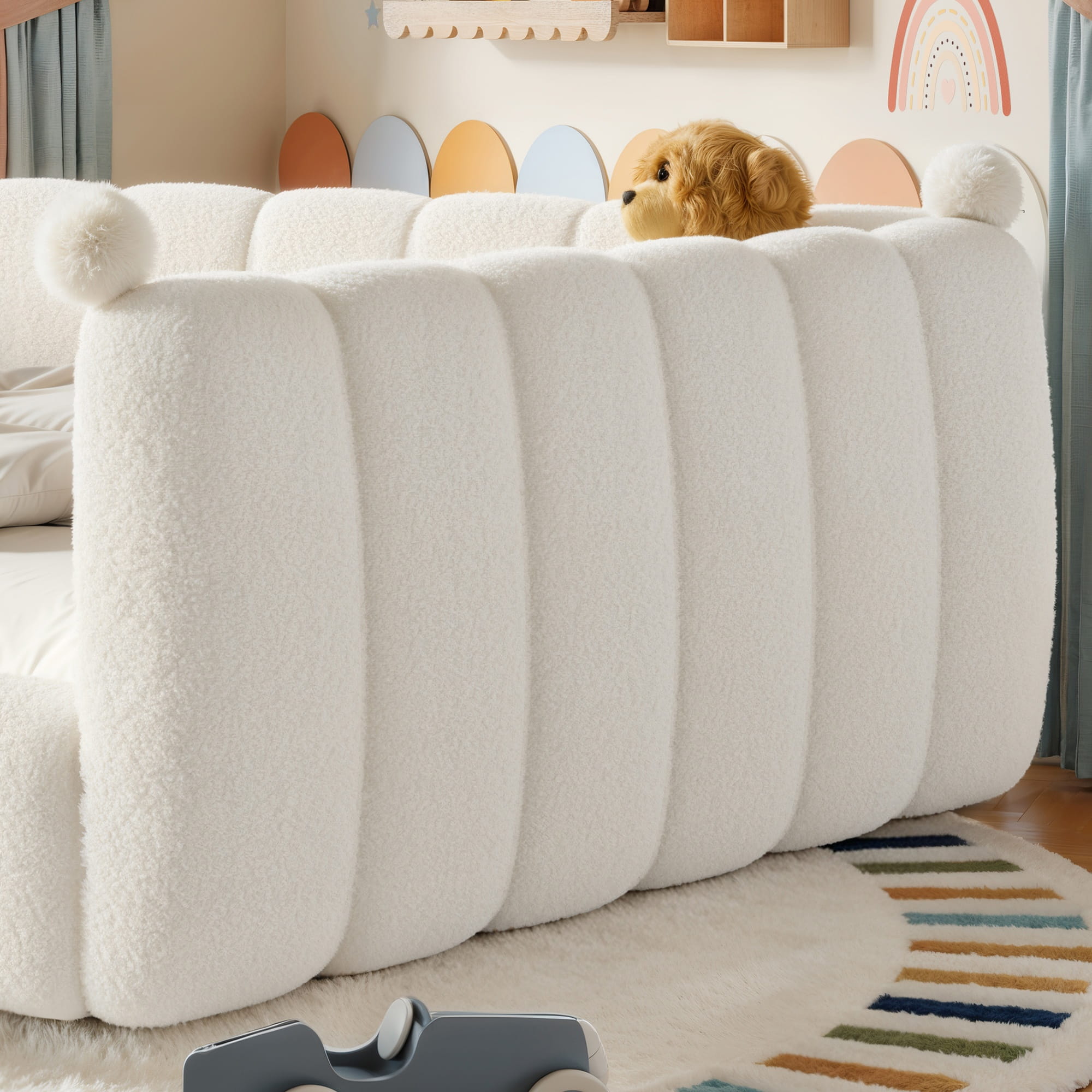 Bellemave® Teddy Fleece Upholstered Montessori Floor Bed with Fence,Low Profile Kids Bed Frame with Full Padded Safety Guardrails for Kids - Bellemave