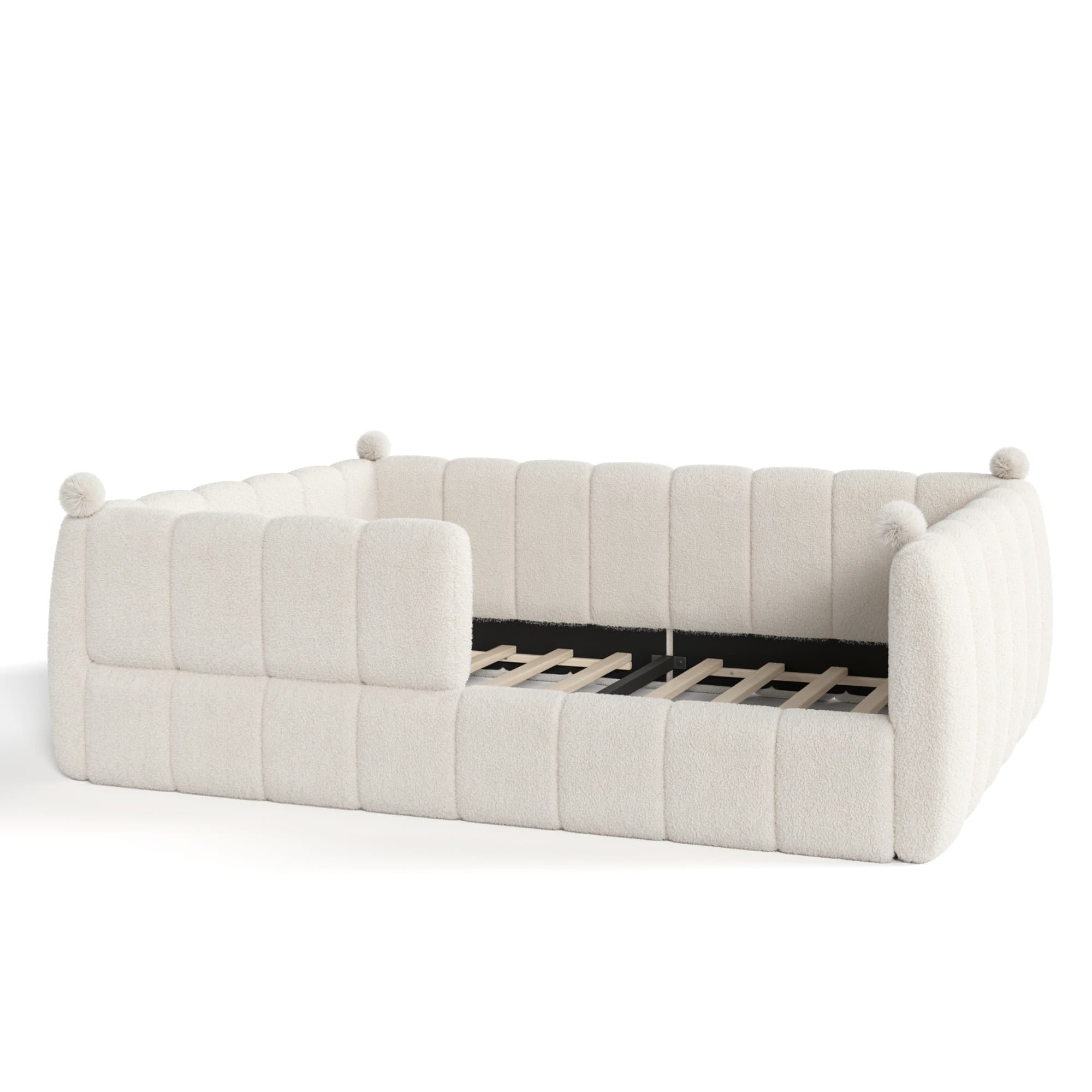 Bellemave® Teddy Fleece Upholstered Montessori Floor Bed with Fence,Low Profile Kids Bed Frame with Full Padded Safety Guardrails for Kids - Bellemave