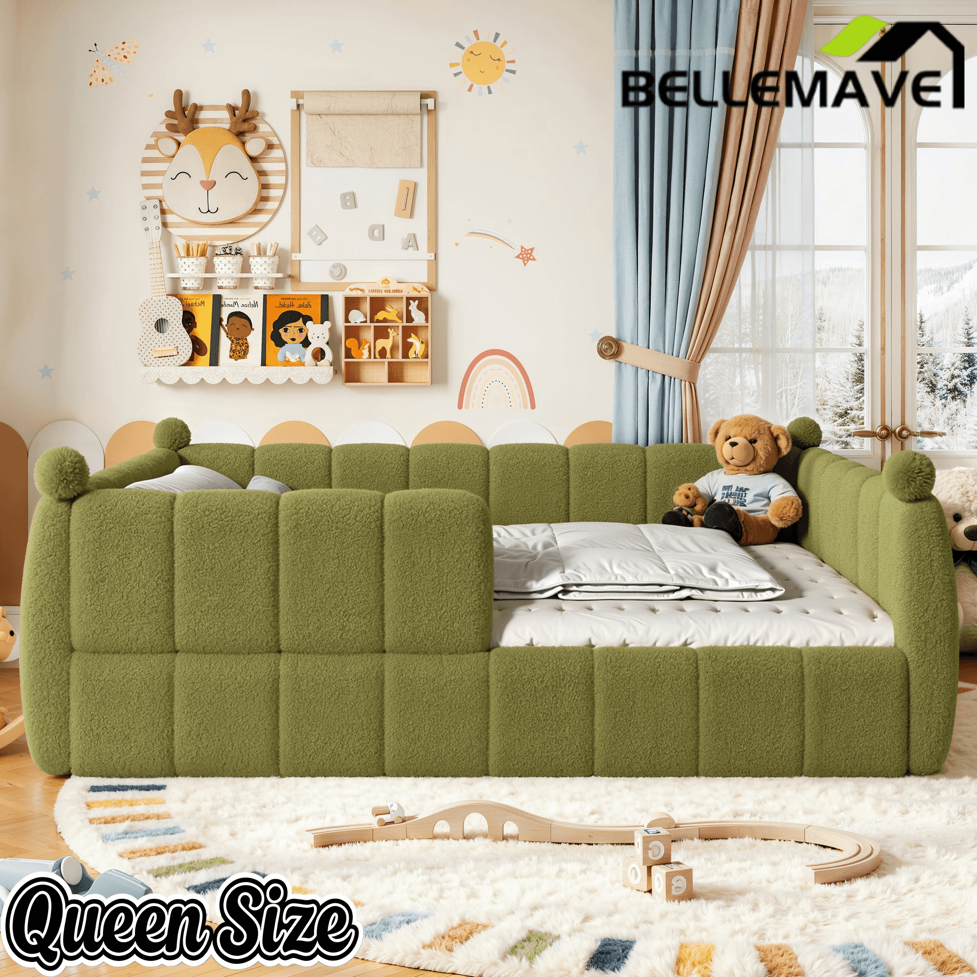 Bellemave® Teddy Fleece Upholstered Montessori Floor Bed with Fence,Low Profile Kids Bed Frame with Full Padded Safety Guardrails for Kids - Bellemave