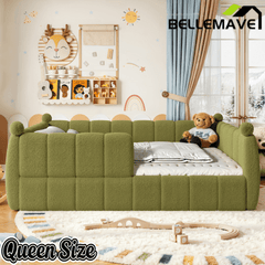 Bellemave® Teddy Fleece Upholstered Montessori Floor Bed with Fence,Low Profile Kids Bed Frame with Full Padded Safety Guardrails for Kids - Bellemave