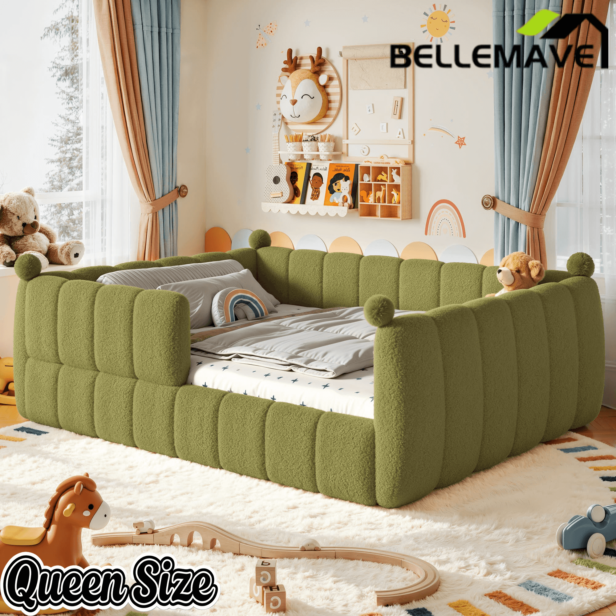 Bellemave® Teddy Fleece Upholstered Montessori Floor Bed with Fence,Low Profile Kids Bed Frame with Full Padded Safety Guardrails for Kids - Bellemave