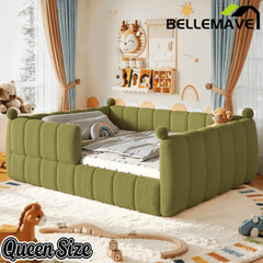 Bellemave® Teddy Fleece Upholstered Montessori Floor Bed with Fence,Low Profile Kids Bed Frame with Full Padded Safety Guardrails for Kids - Bellemave