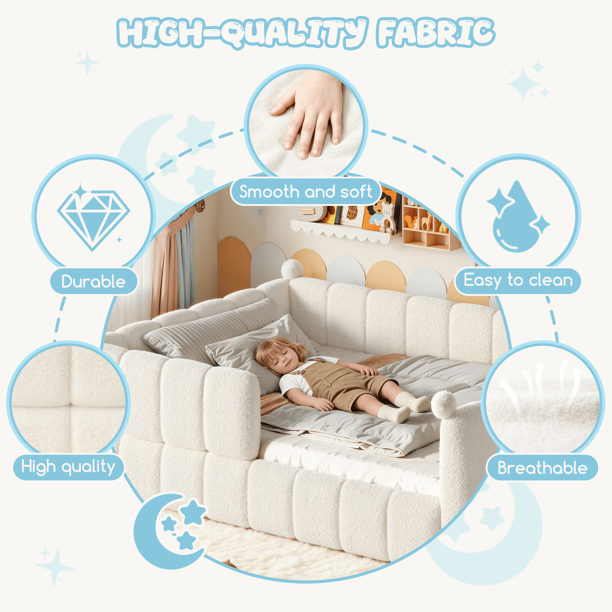 Bellemave® Teddy Fleece Upholstered Montessori Floor Bed with Fence,Low Profile Kids Bed Frame with Full Padded Safety Guardrails for Kids - Bellemave