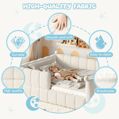 Bellemave® Teddy Fleece Upholstered Montessori Floor Bed with Fence,Low Profile Kids Bed Frame with Full Padded Safety Guardrails for Kids - Bellemave