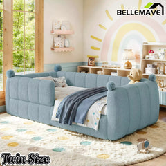 Bellemave® Teddy Fleece Upholstered Montessori Floor Bed with Fence,Low Profile Kids Bed Frame with Full Padded Safety Guardrails for Kids - Bellemave