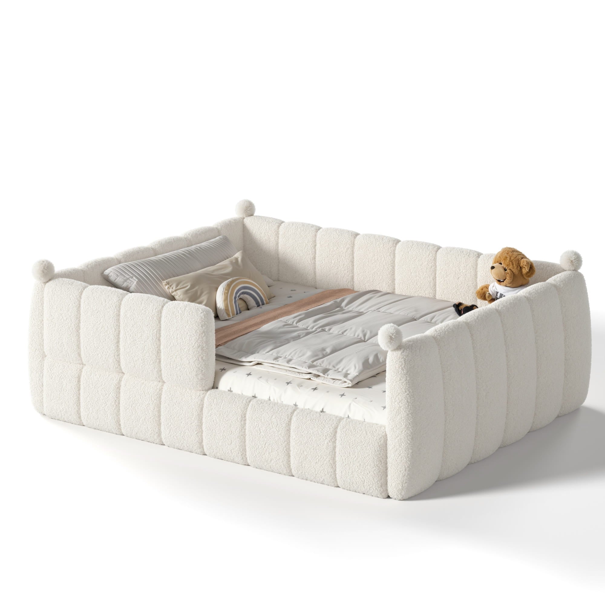 Bellemave® Teddy Fleece Upholstered Montessori Floor Bed with Fence,Low Profile Kids Bed Frame with Full Padded Safety Guardrails for Kids - Bellemave