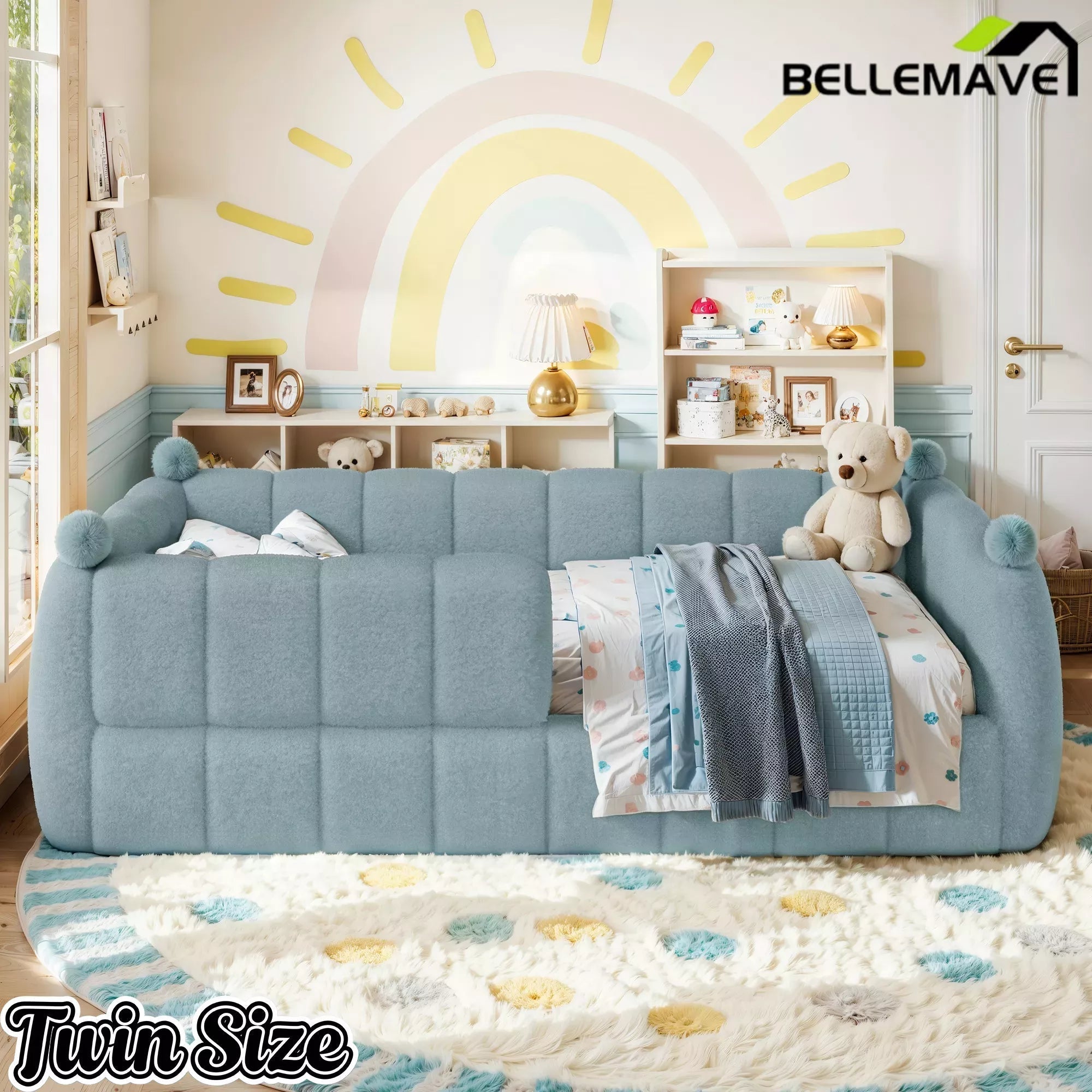 Bellemave® Teddy Fleece Upholstered Montessori Floor Bed with Fence,Low Profile Kids Bed Frame with Full Padded Safety Guardrails for Kids - Bellemave