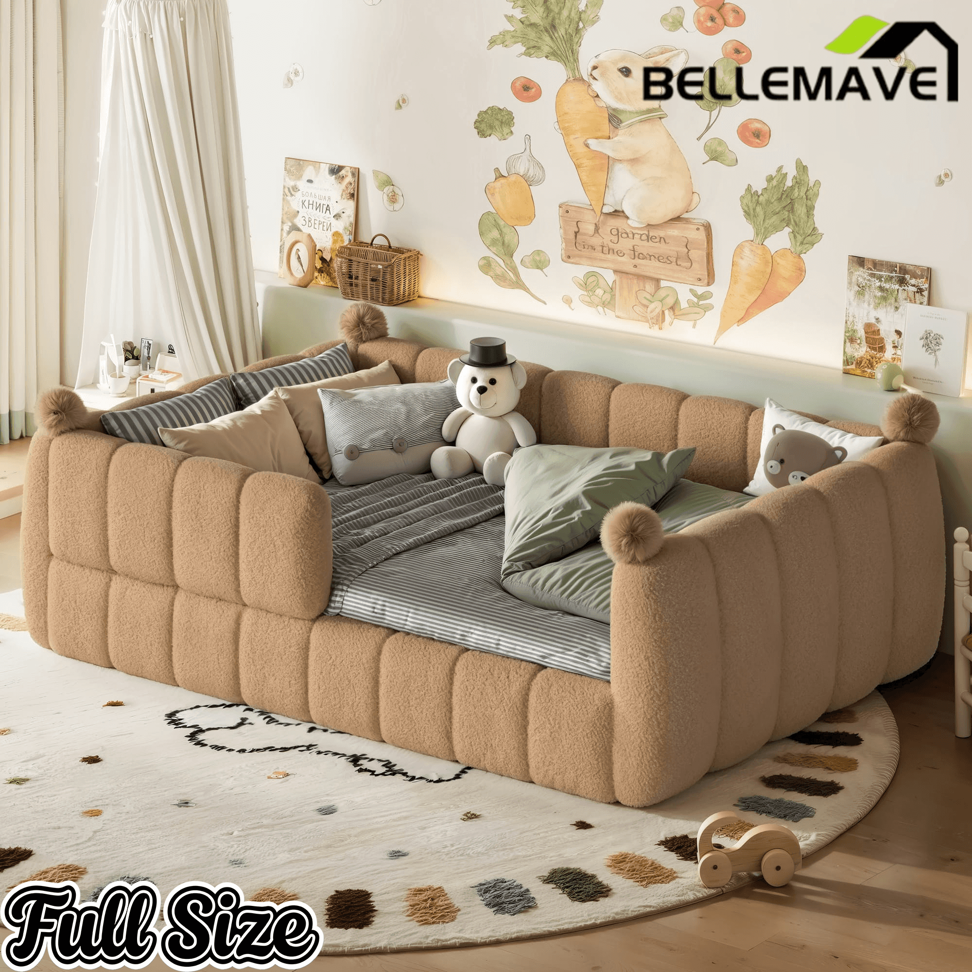 Bellemave® Teddy Fleece Upholstered Montessori Floor Bed with Fence,Low Profile Kids Bed Frame with Full Padded Safety Guardrails for Kids - Bellemave