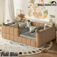 Bellemave® Teddy Fleece Upholstered Montessori Floor Bed with Fence,Low Profile Kids Bed Frame with Full Padded Safety Guardrails for Kids - Bellemave