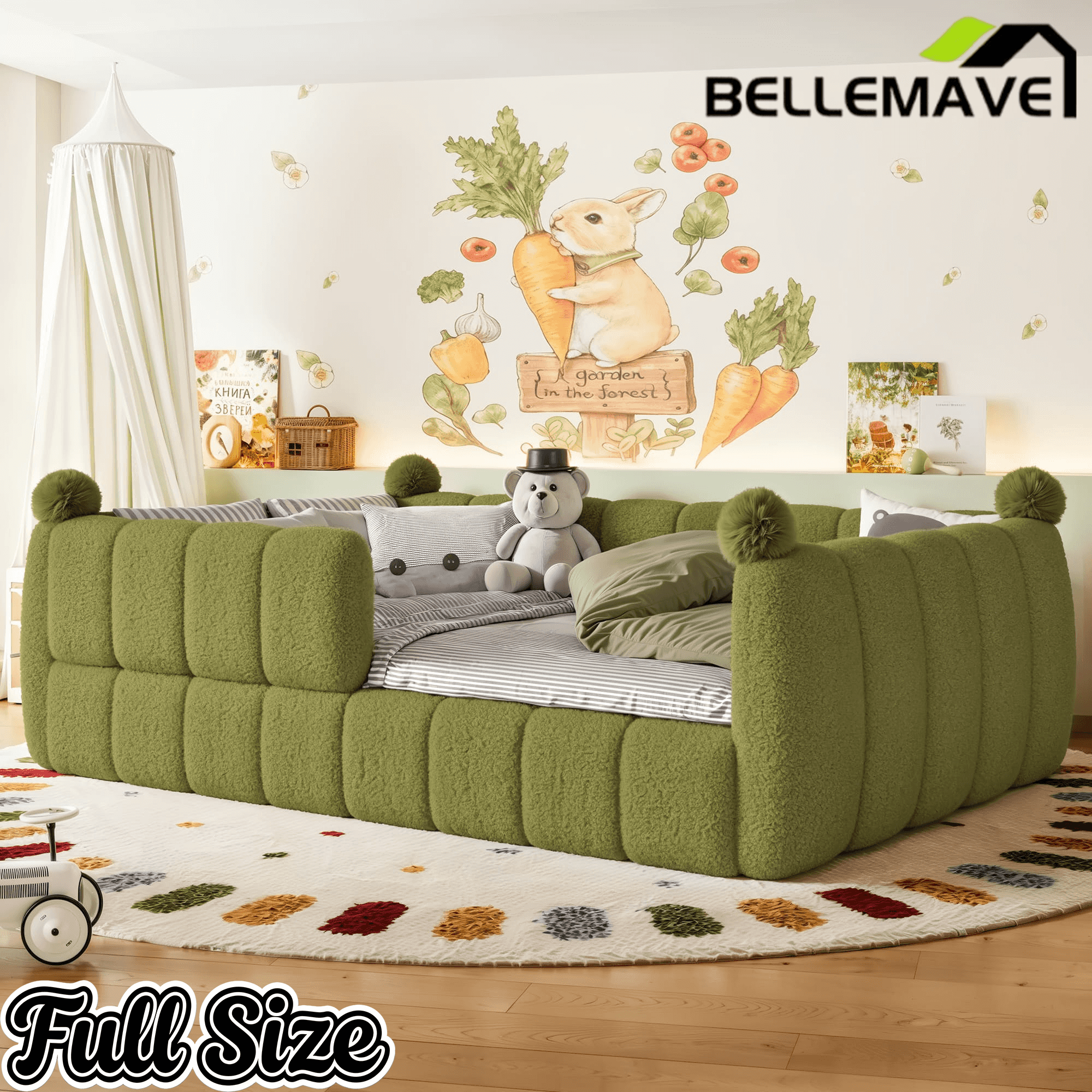 Bellemave® Teddy Fleece Upholstered Montessori Floor Bed with Fence,Low Profile Kids Bed Frame with Full Padded Safety Guardrails for Kids - Bellemave