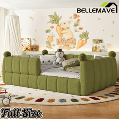 Bellemave® Teddy Fleece Upholstered Montessori Floor Bed with Fence,Low Profile Kids Bed Frame with Full Padded Safety Guardrails for Kids - Bellemave