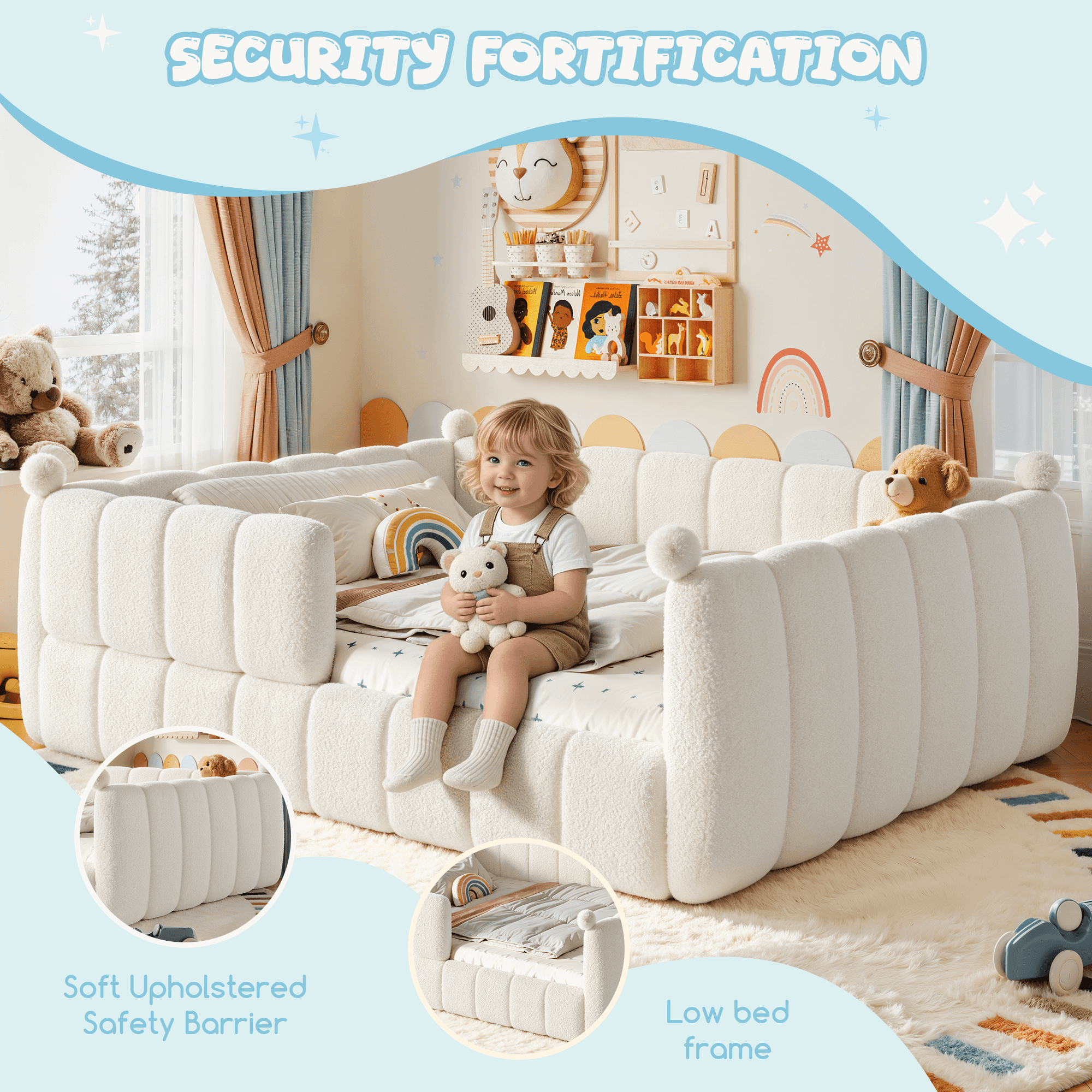 Bellemave® Teddy Fleece Upholstered Montessori Floor Bed with Fence,Low Profile Kids Bed Frame with Full Padded Safety Guardrails for Kids - Bellemave