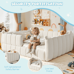 Bellemave® Teddy Fleece Upholstered Montessori Floor Bed with Fence,Low Profile Kids Bed Frame with Full Padded Safety Guardrails for Kids - Bellemave