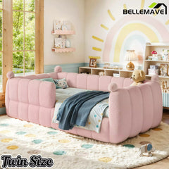 Bellemave® Teddy Fleece Upholstered Montessori Floor Bed with Fence,Low Profile Kids Bed Frame with Full Padded Safety Guardrails for Kids - Bellemave