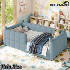 Bellemave® Teddy Fleece Upholstered Montessori Floor Bed with Fence,Low Profile Kids Bed Frame with Full Padded Safety Guardrails for Kids - Bellemave