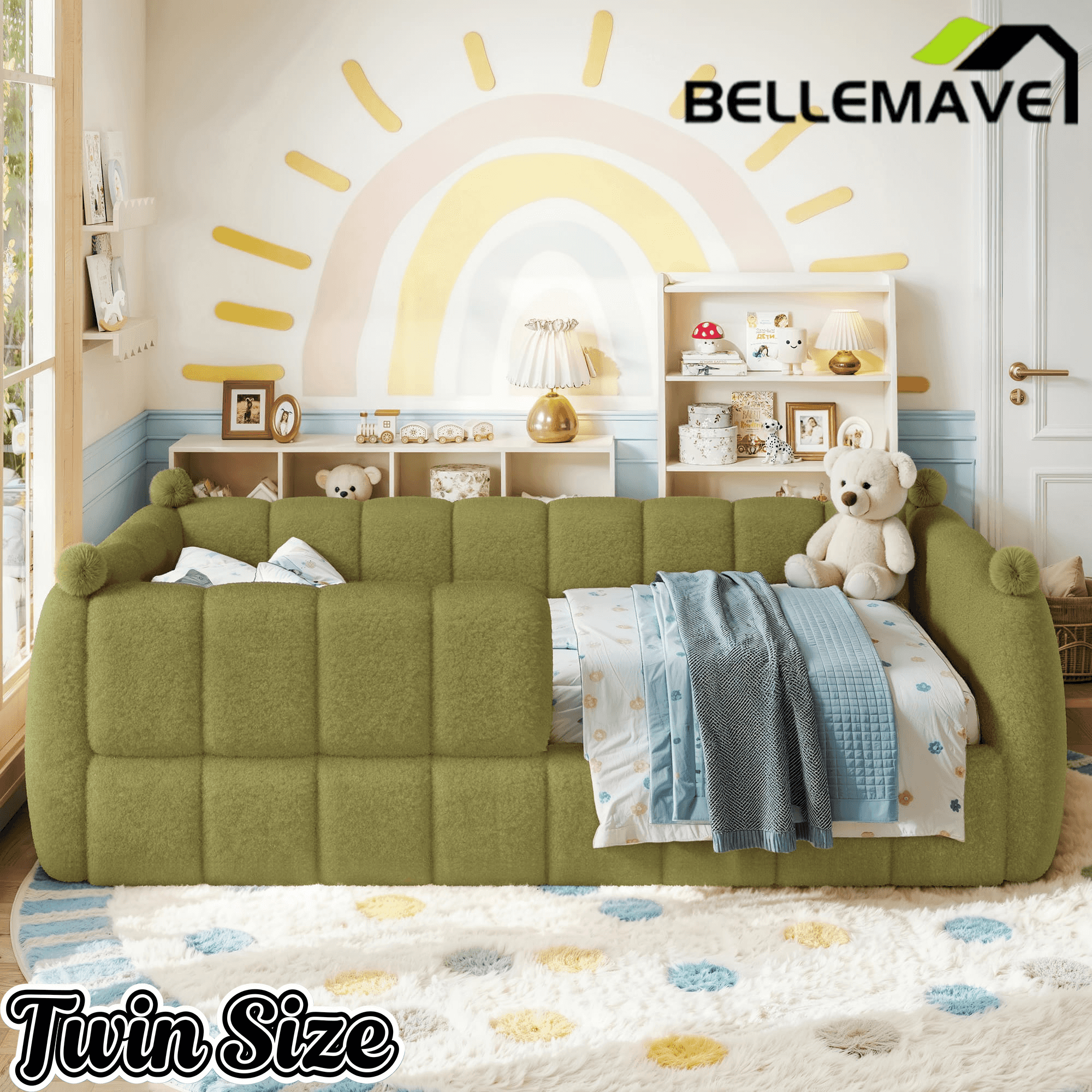 Bellemave® Teddy Fleece Upholstered Montessori Floor Bed with Fence,Low Profile Kids Bed Frame with Full Padded Safety Guardrails for Kids - Bellemave