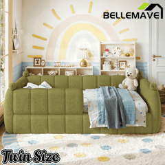 Bellemave® Teddy Fleece Upholstered Montessori Floor Bed with Fence,Low Profile Kids Bed Frame with Full Padded Safety Guardrails for Kids - Bellemave