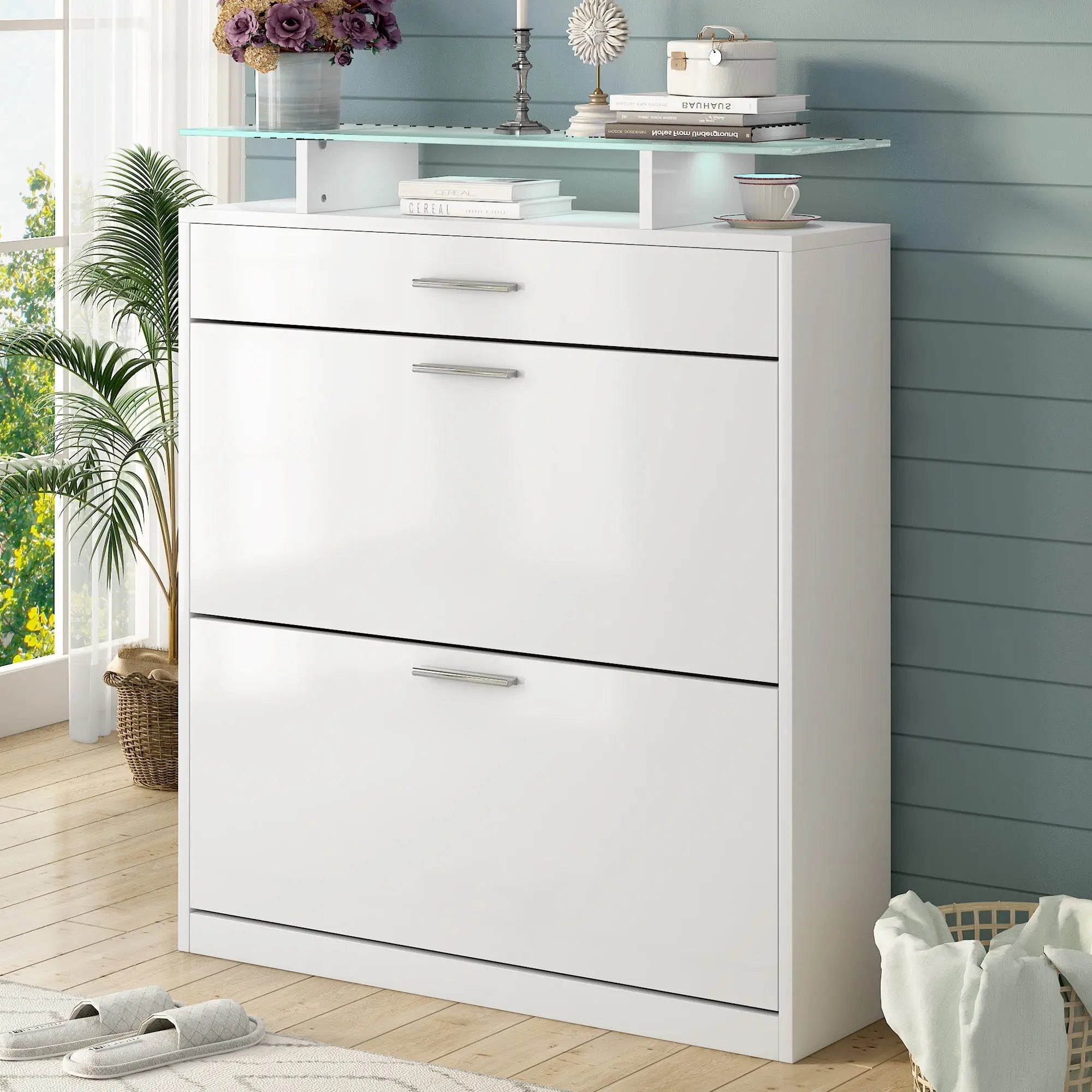 Bellemave® Tempered Glass Top Shoe Storage Cabinet with Drawer and LED Light - Bellemave