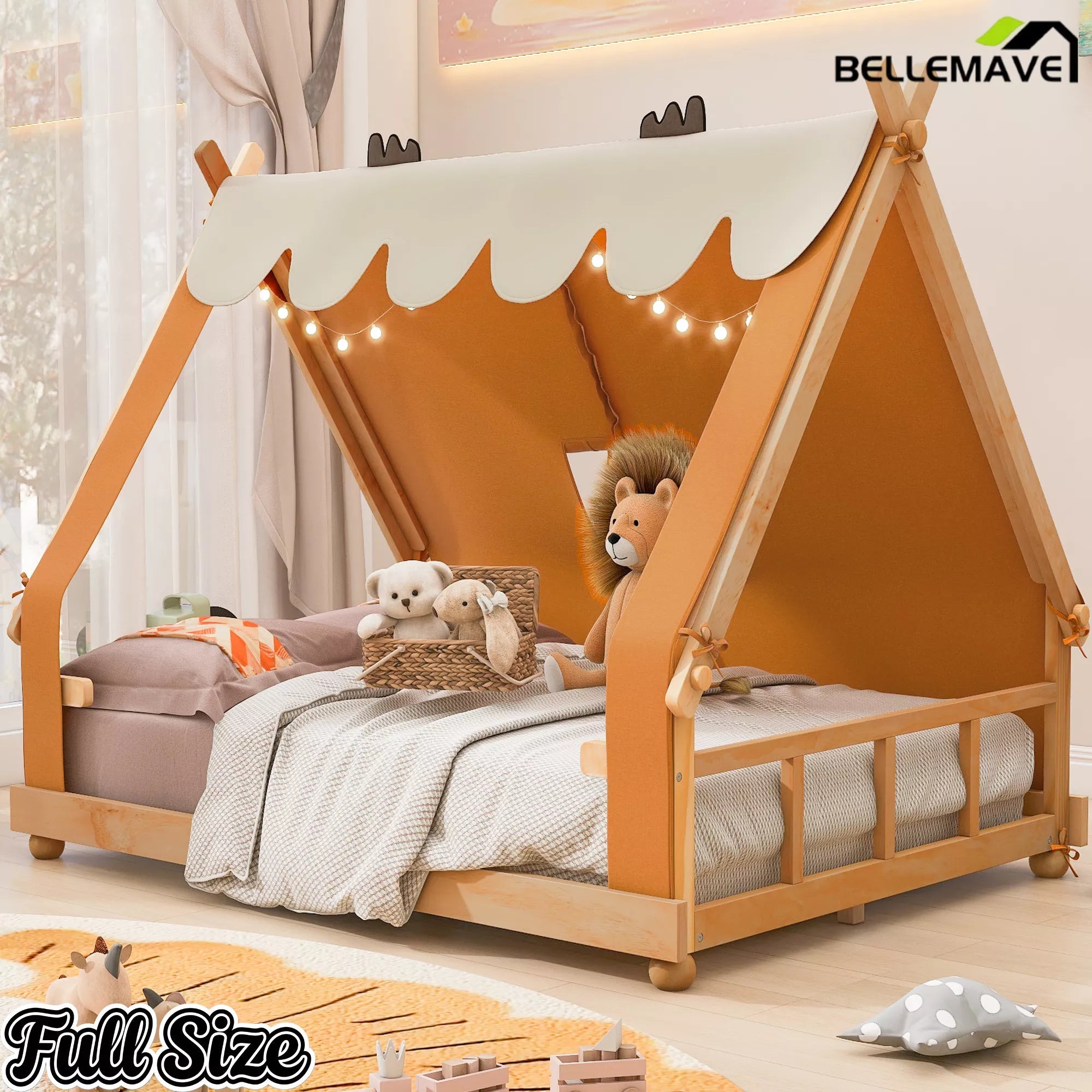 Bellemave® Tent House Bed with Skylight and Lights, Kids Canopy House Bed with Deer Antler Design - Bellemave