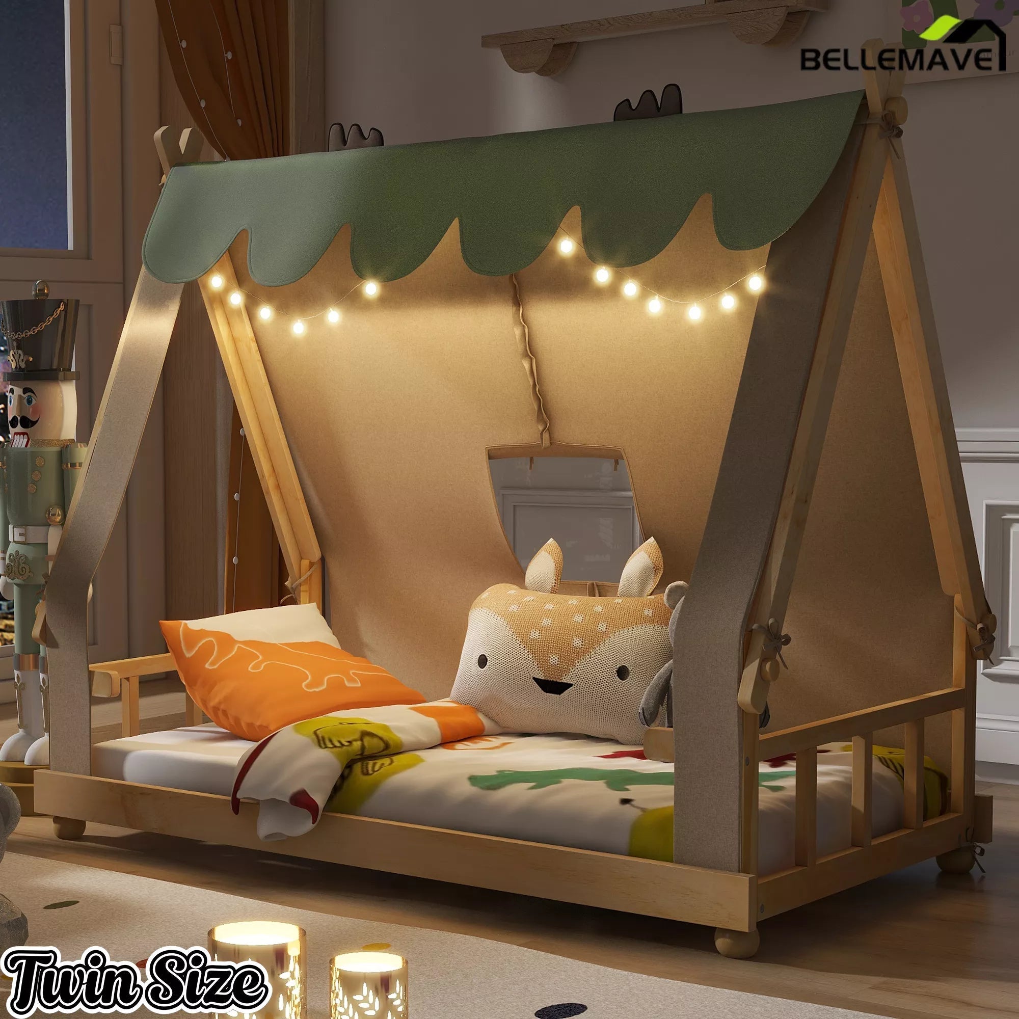 Bellemave® Tent House Bed with Skylight and Lights, Kids Canopy House Bed with Deer Antler Design - Bellemave