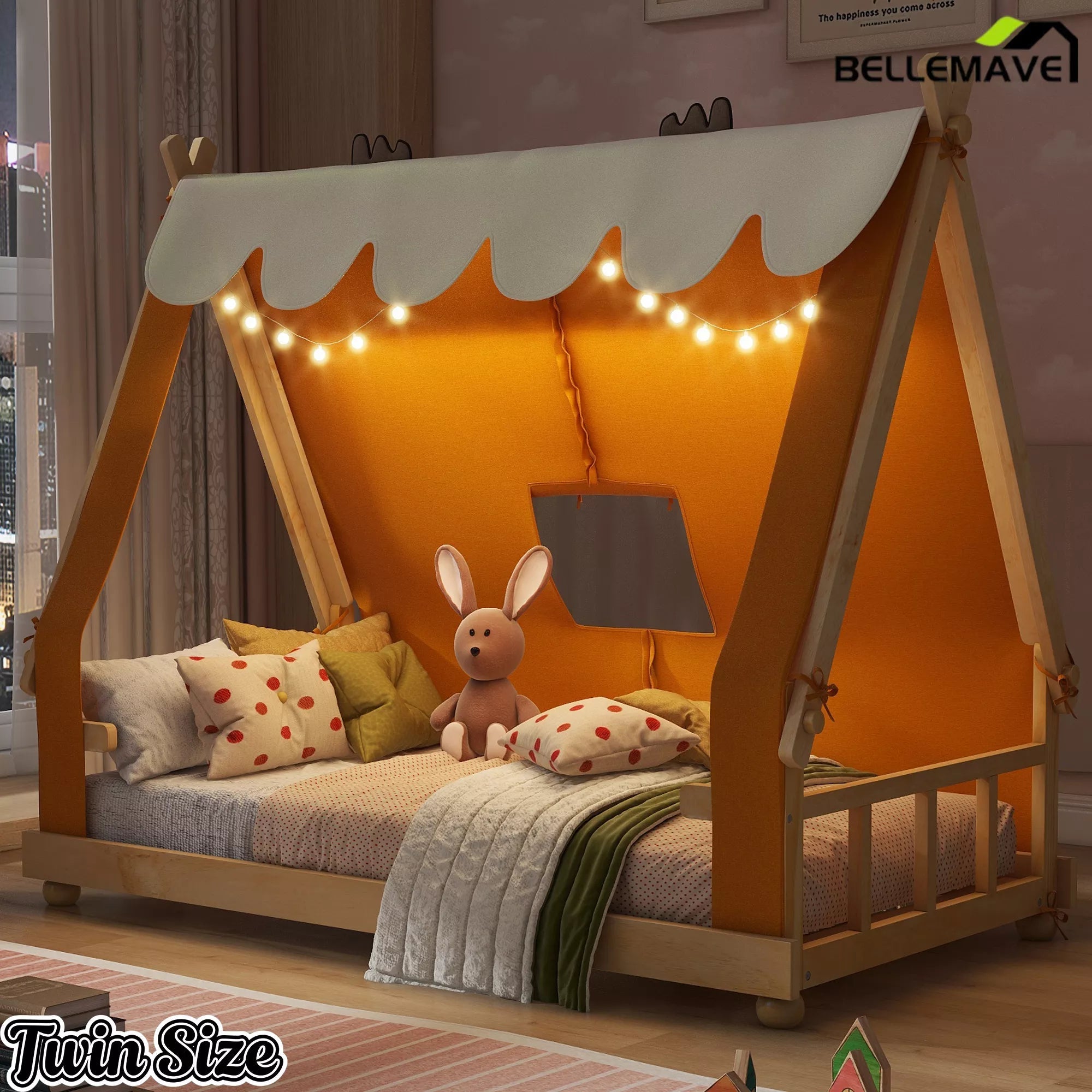Bellemave® Tent House Bed with Skylight and Lights, Kids Canopy House Bed with Deer Antler Design - Bellemave
