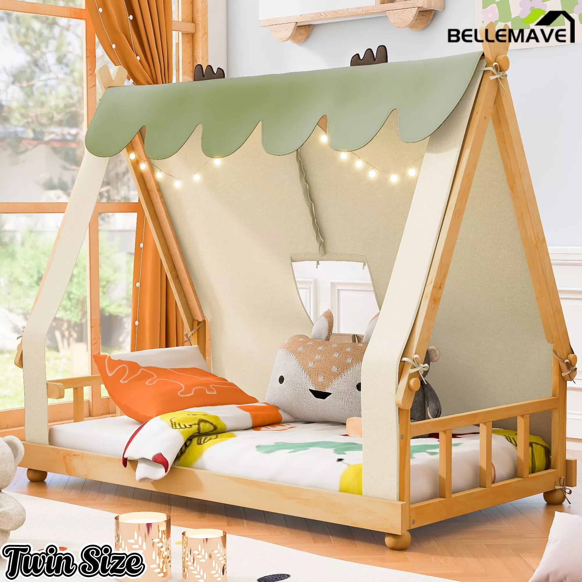 Bellemave® Tent House Bed with Skylight and Lights, Kids Canopy House Bed with Deer Antler Design - Bellemave