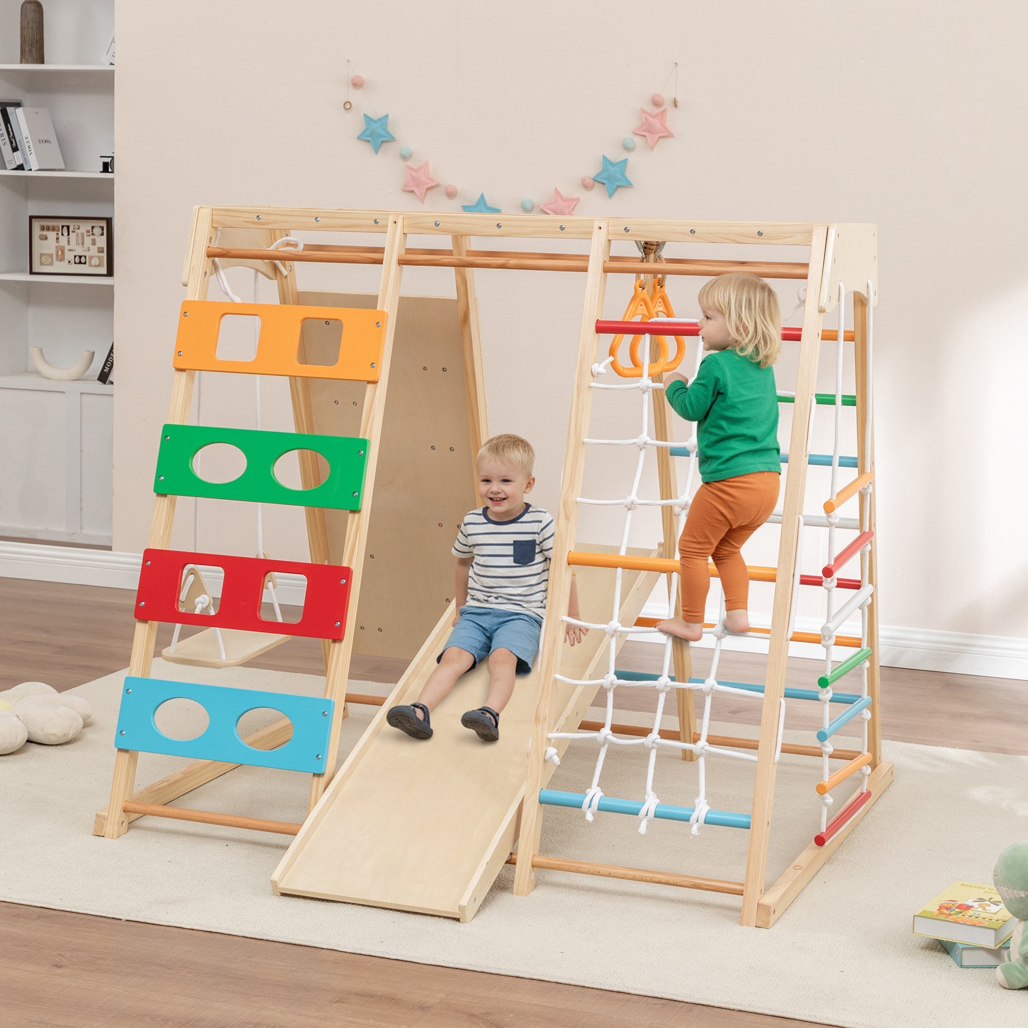 Bellemave® Toddler Climbing Toys Indoor - Featuring a Rock Climbing Wall, Wooden Swings, Gymnastic Rings, Rope Ladders, and Stretching Equipment,All - in - One 10 - in - 1 - Bellemave