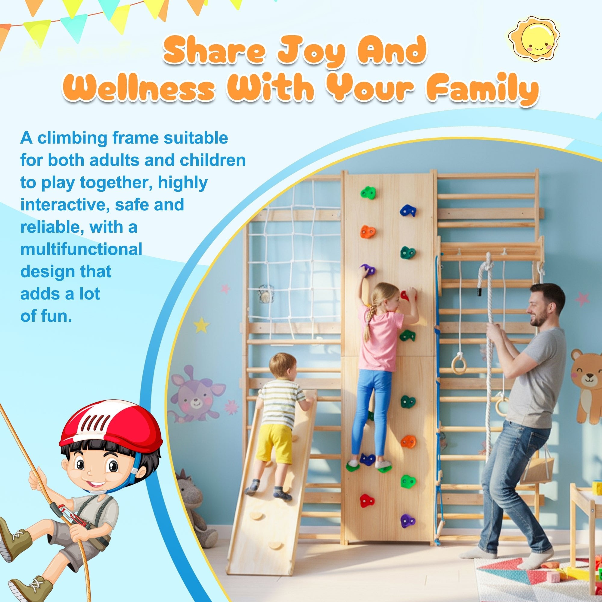 Bellemave® Toddler Climbing Toys Indoor - Featuring a Rock Climbing Wall, Wooden Swings, Gymnastic Rings, Rope Ladders, and Stretching Equipment,All - in - One 10 - in - 1 - Bellemave