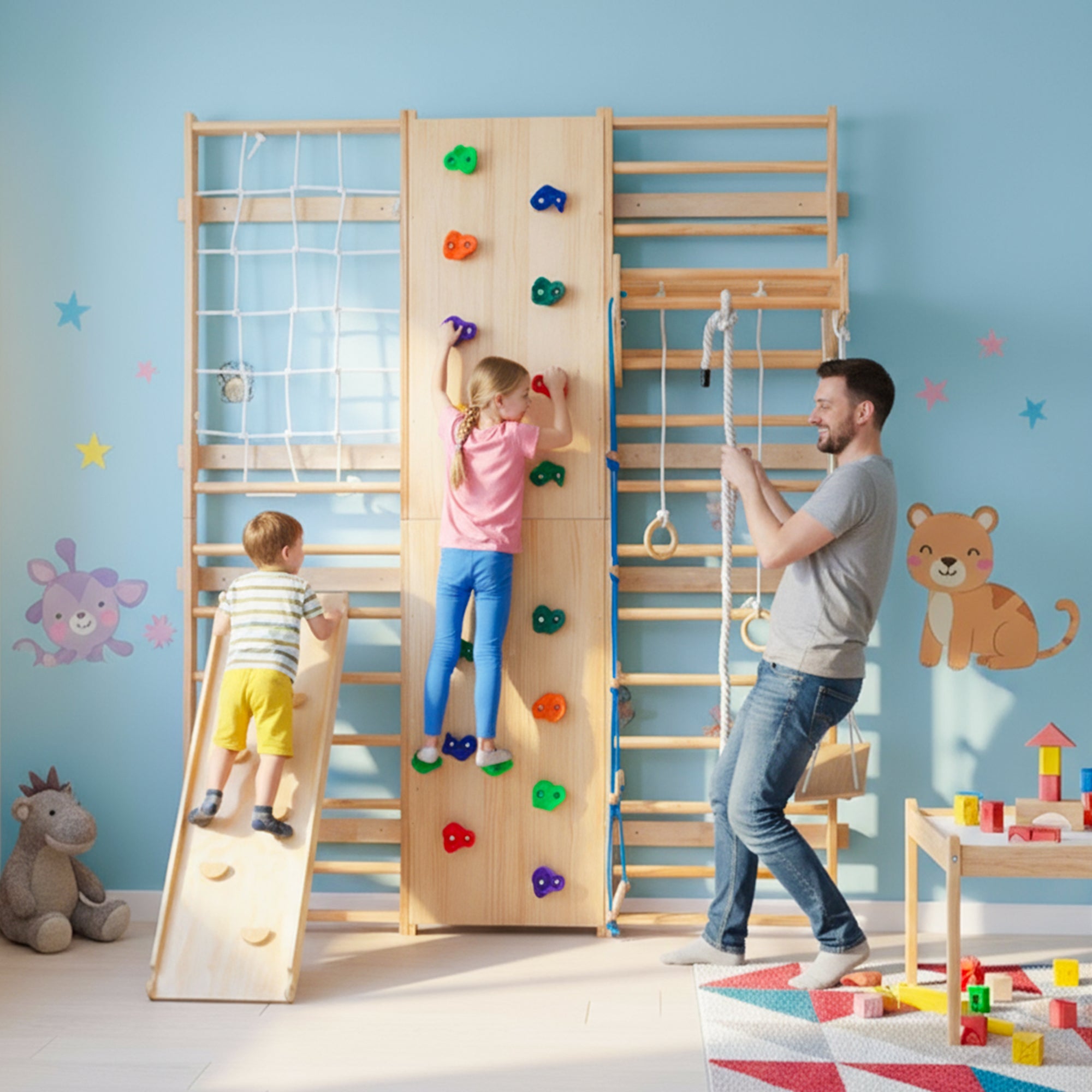 Bellemave® Toddler Climbing Toys Indoor - Featuring a Rock Climbing Wall, Wooden Swings, Gymnastic Rings, Rope Ladders, and Stretching Equipment,All - in - One 10 - in - 1 - Bellemave