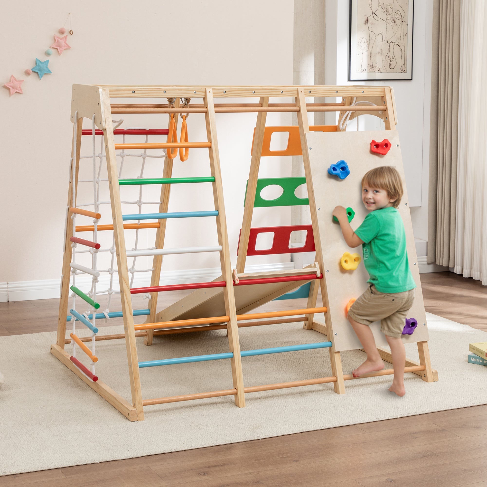 Bellemave® Toddler Climbing Toys Indoor - Featuring a Rock Climbing Wall, Wooden Swings, Gymnastic Rings, Rope Ladders, and Stretching Equipment,All - in - One 10 - in - 1 - Bellemave