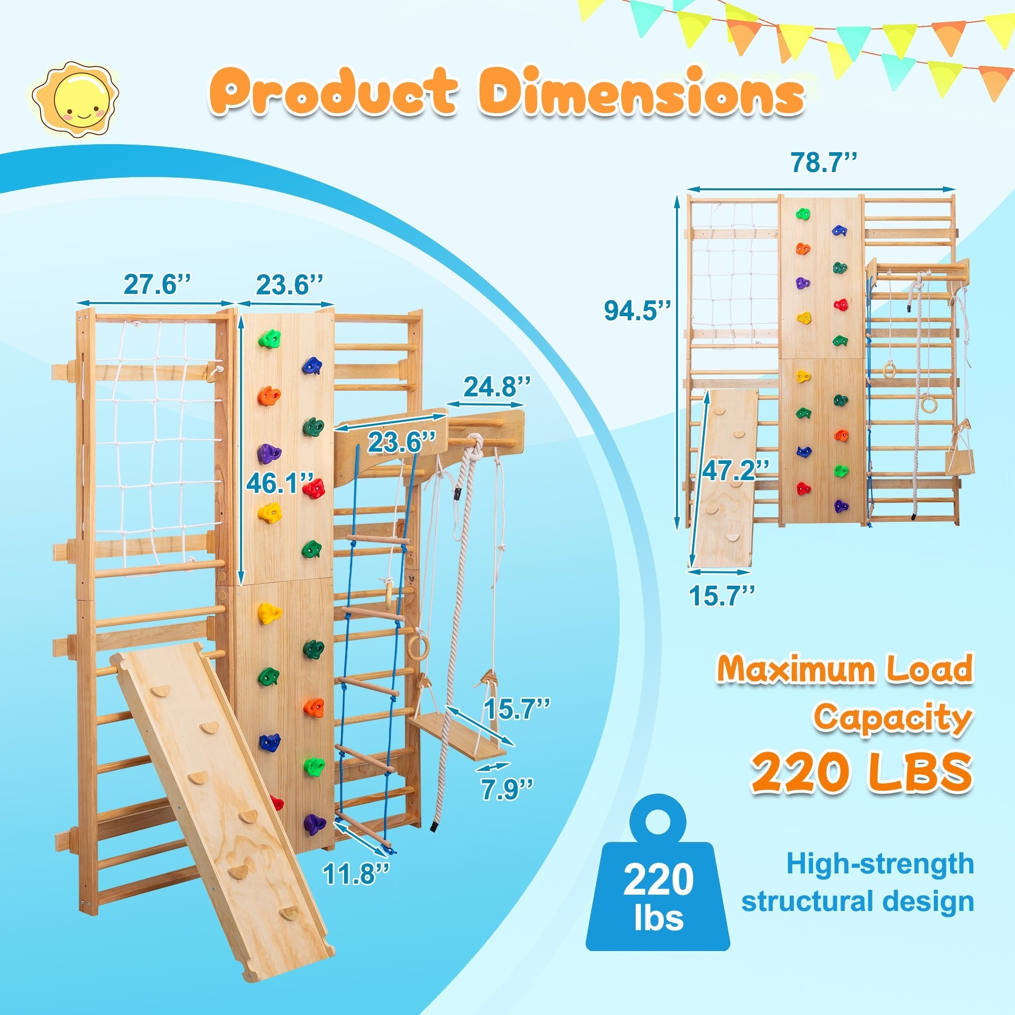 Bellemave® Toddler Climbing Toys Indoor - Featuring a Rock Climbing Wall, Wooden Swings, Gymnastic Rings, Rope Ladders, and Stretching Equipment,All - in - One 10 - in - 1 - Bellemave