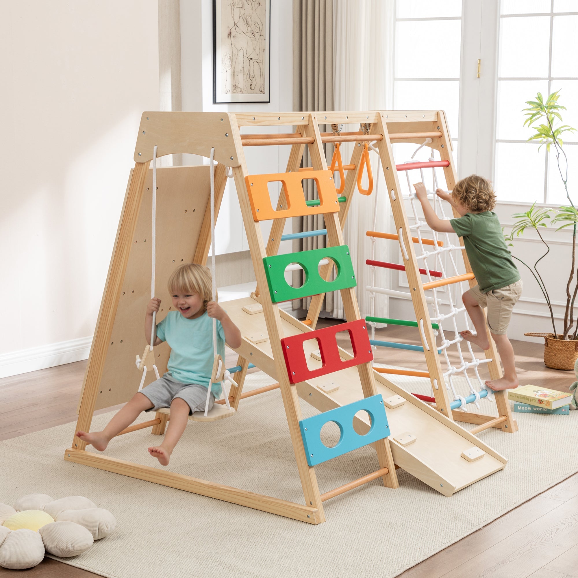 Bellemave® Toddler Climbing Toys Indoor - Featuring a Rock Climbing Wall, Wooden Swings, Gymnastic Rings, Rope Ladders, and Stretching Equipment,All - in - One 10 - in - 1 - Bellemave