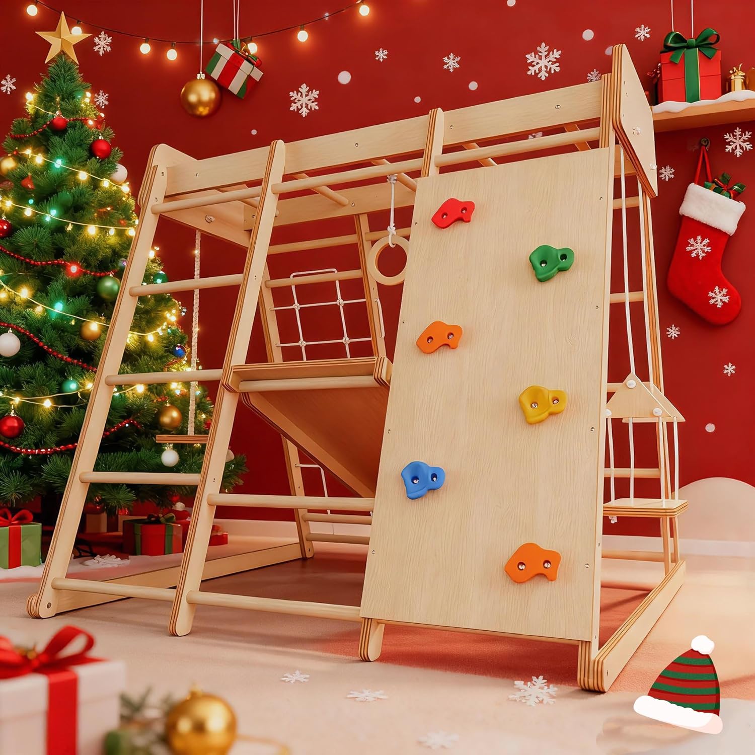 Bellemave® Toddler Climbing Toys Indoor - Featuring a Rock Climbing Wall, Wooden Swings, Gymnastic Rings, Rope Ladders, and Stretching Equipment,All - in - One 10 - in - 1 - Bellemave