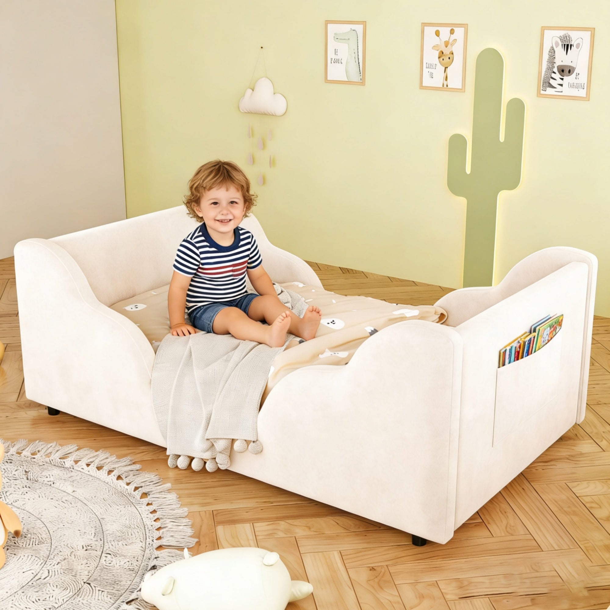 Bellemave® Toddler Floor Bed with Storage Bag, Kid Bed Frame, Standard Crib Size Kids Beds Up to 1 - 6 Years Girls and Boys, Montessori Floor Beds - Bellemave