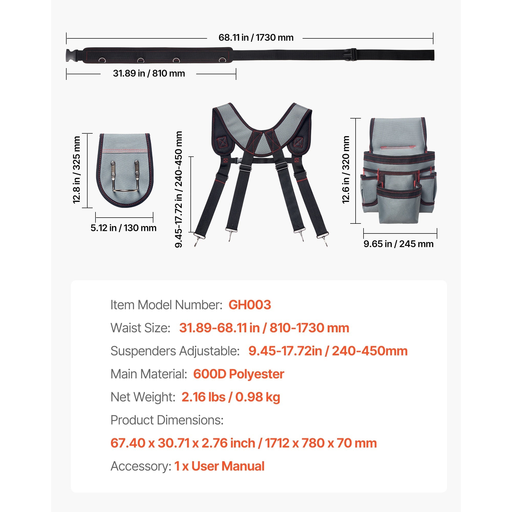 Bellemave® Tool Belt, 22 Pockets Tool Pouch with Suspenders for Men, Heavy Duty Adjustable Utility Belt Bag Suspenders - Bellemave